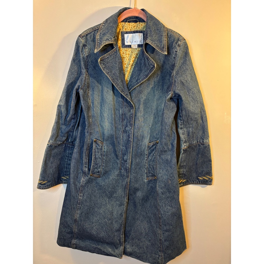 VTG Nine West Blue Denim Coat L Leather Detailed Bell Cuffs Y2K